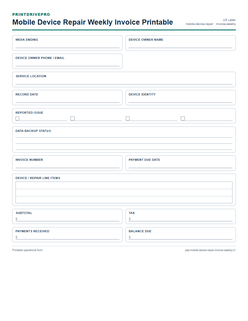 Mobile Device Repair Weekly Invoice Printable preview