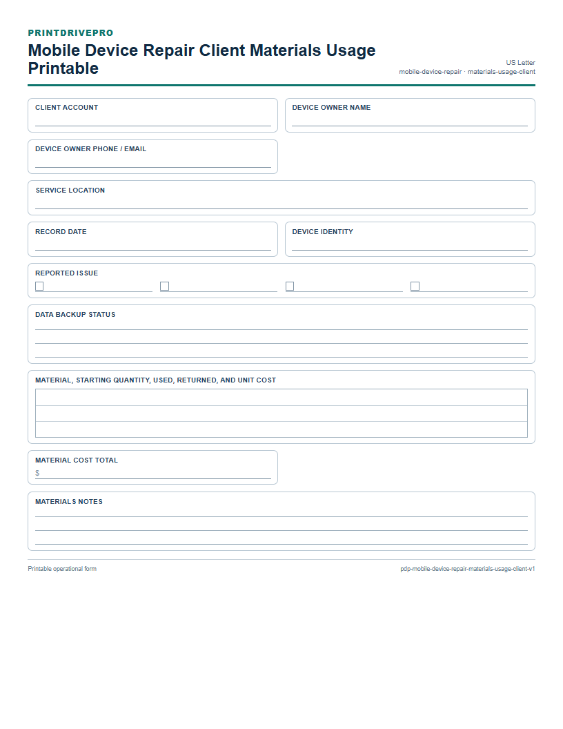 Mobile Device Repair Client Materials Usage Printable preview