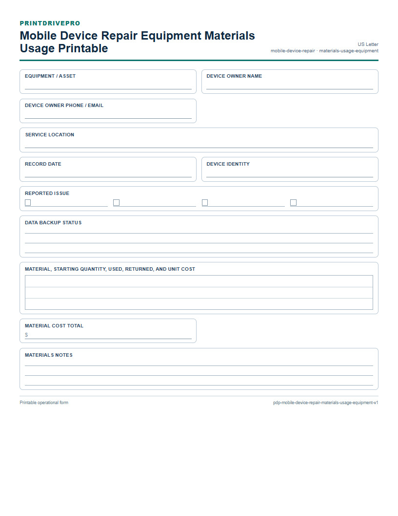 Mobile Device Repair Equipment Materials Usage Printable preview