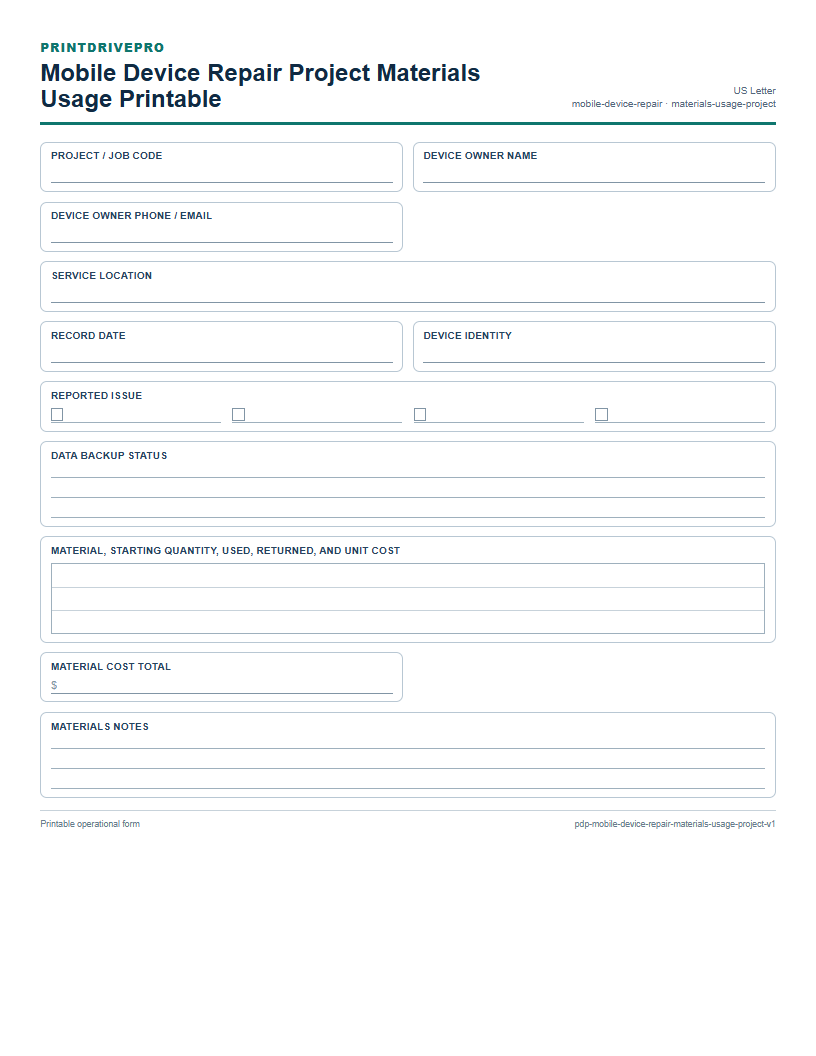 Mobile Device Repair Project Materials Usage Printable preview