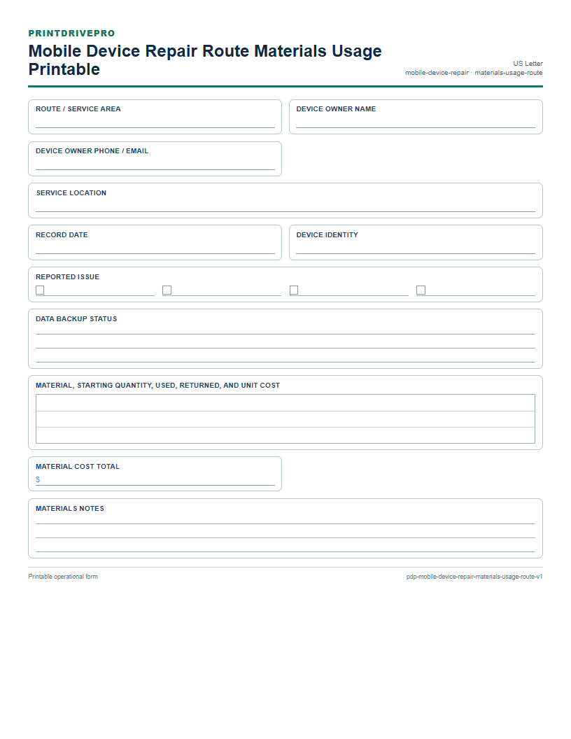Mobile Device Repair Route Materials Usage Printable preview