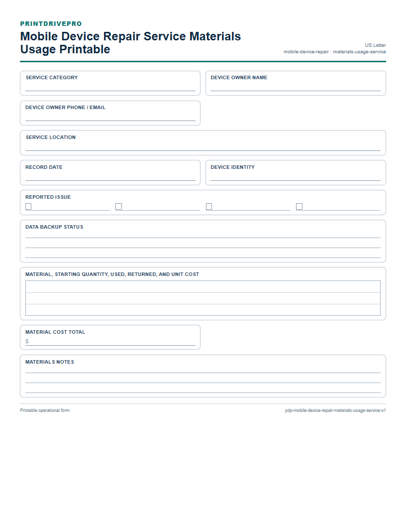 Mobile Device Repair Service Materials Usage Printable preview