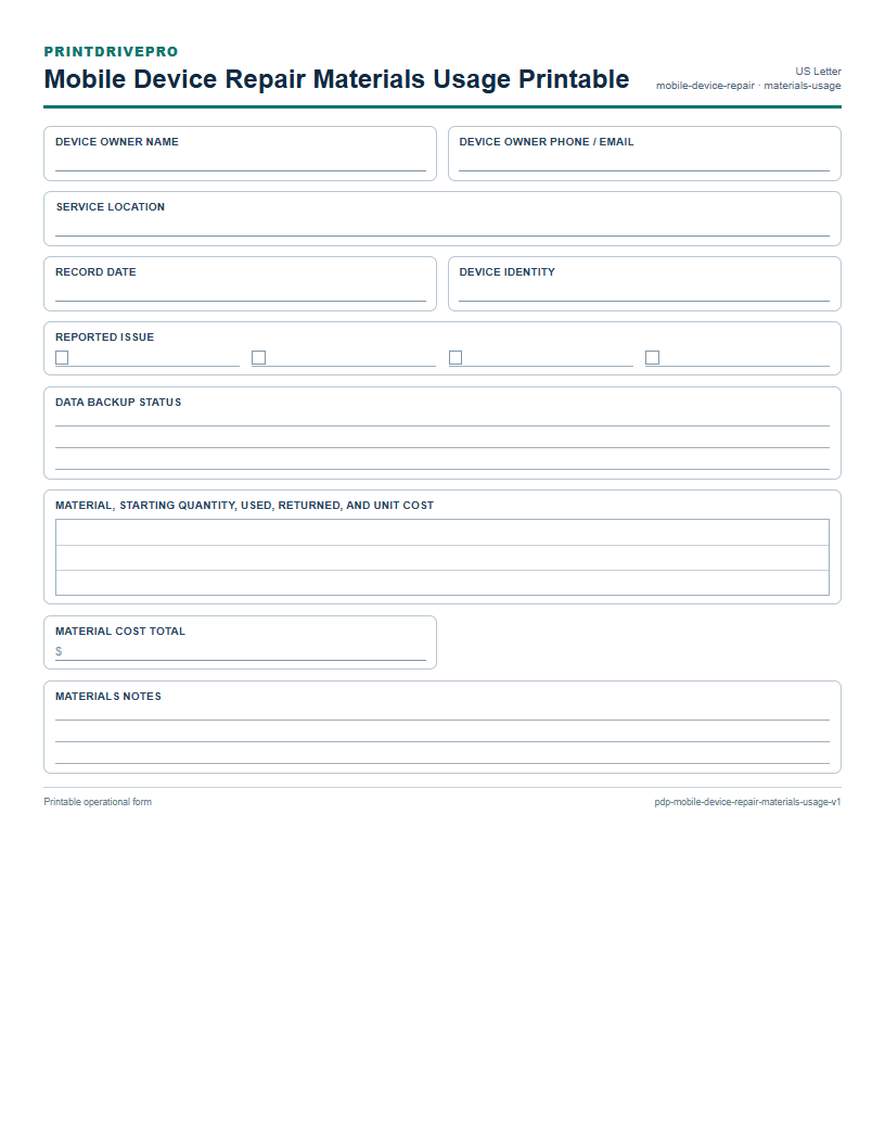 Mobile Device Repair Materials Usage Printable preview