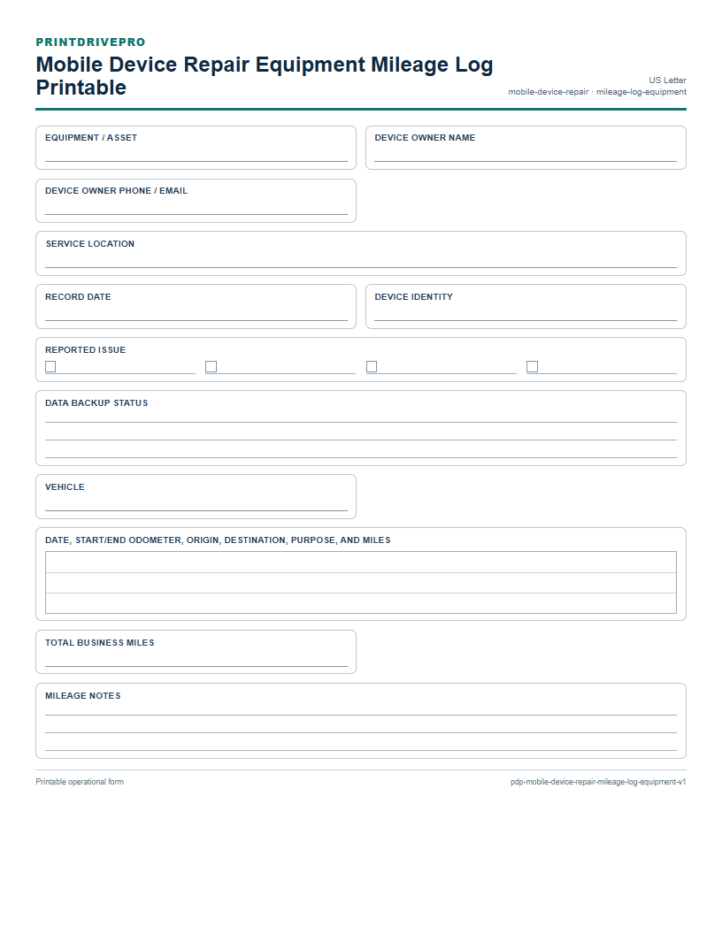 Mobile Device Repair Equipment Mileage Log Printable preview