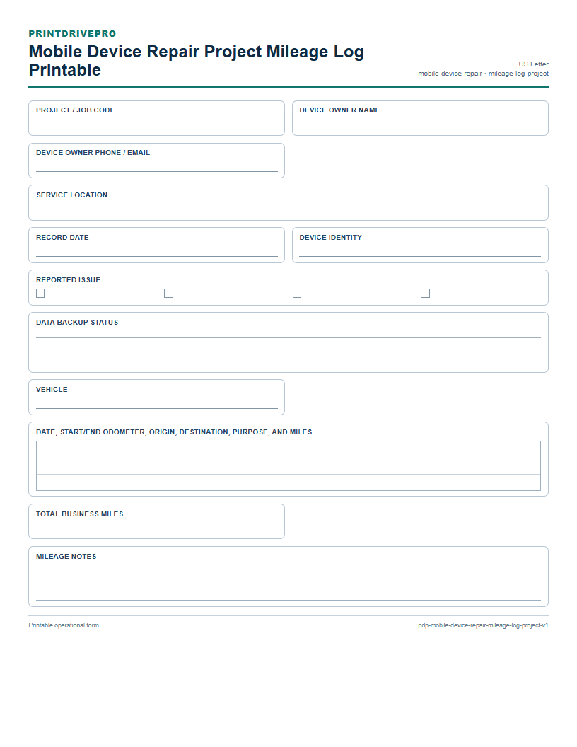 Mobile Device Repair Project Mileage Log Printable preview