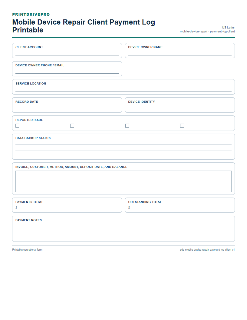 Mobile Device Repair Client Payment Log Printable preview