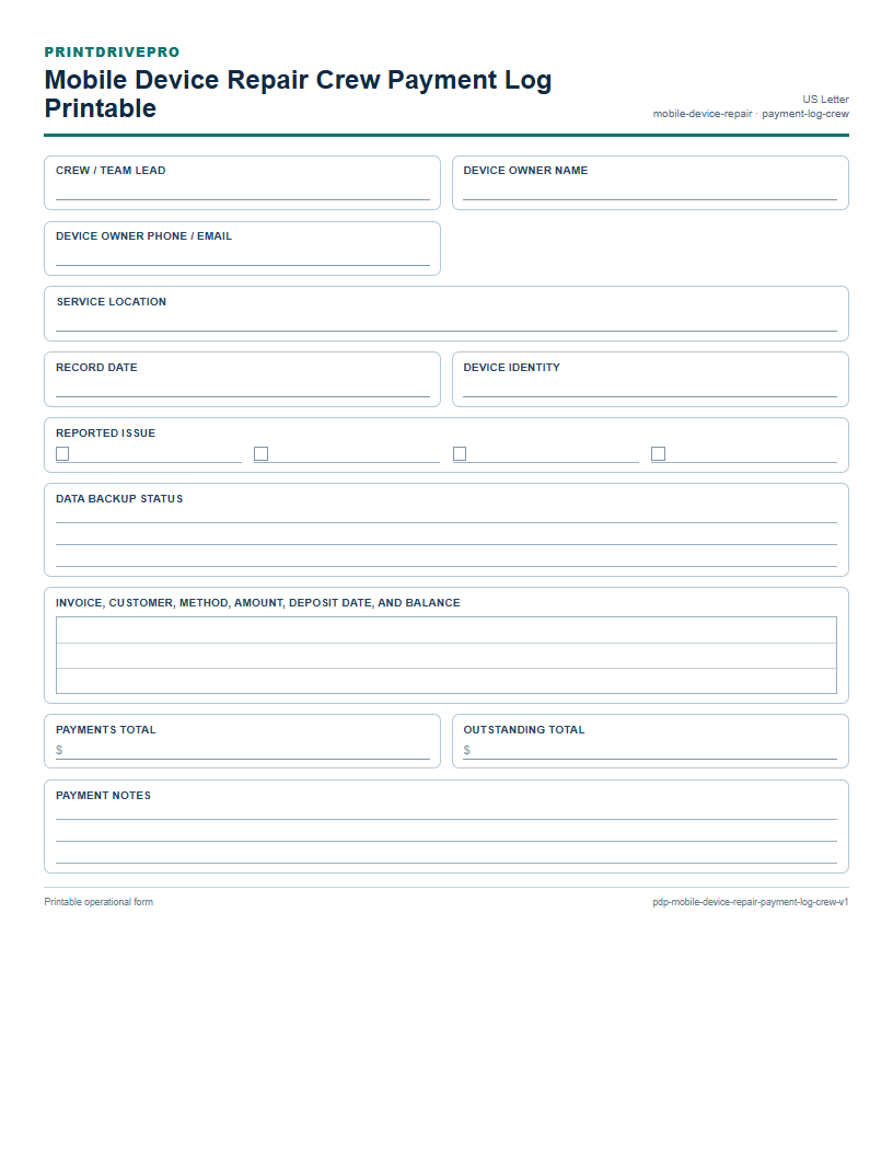 Mobile Device Repair Crew Payment Log Printable preview
