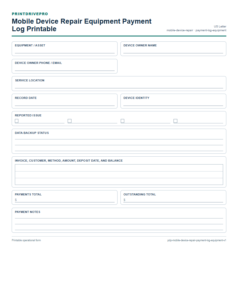 Mobile Device Repair Equipment Payment Log Printable preview