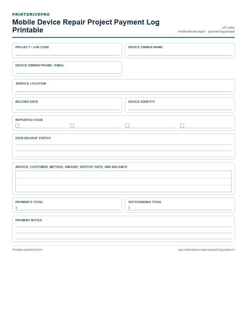 Mobile Device Repair Project Payment Log Printable preview