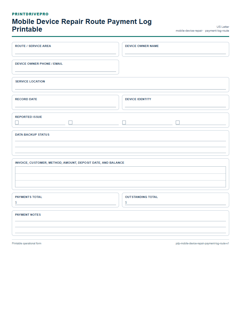 Mobile Device Repair Route Payment Log Printable preview