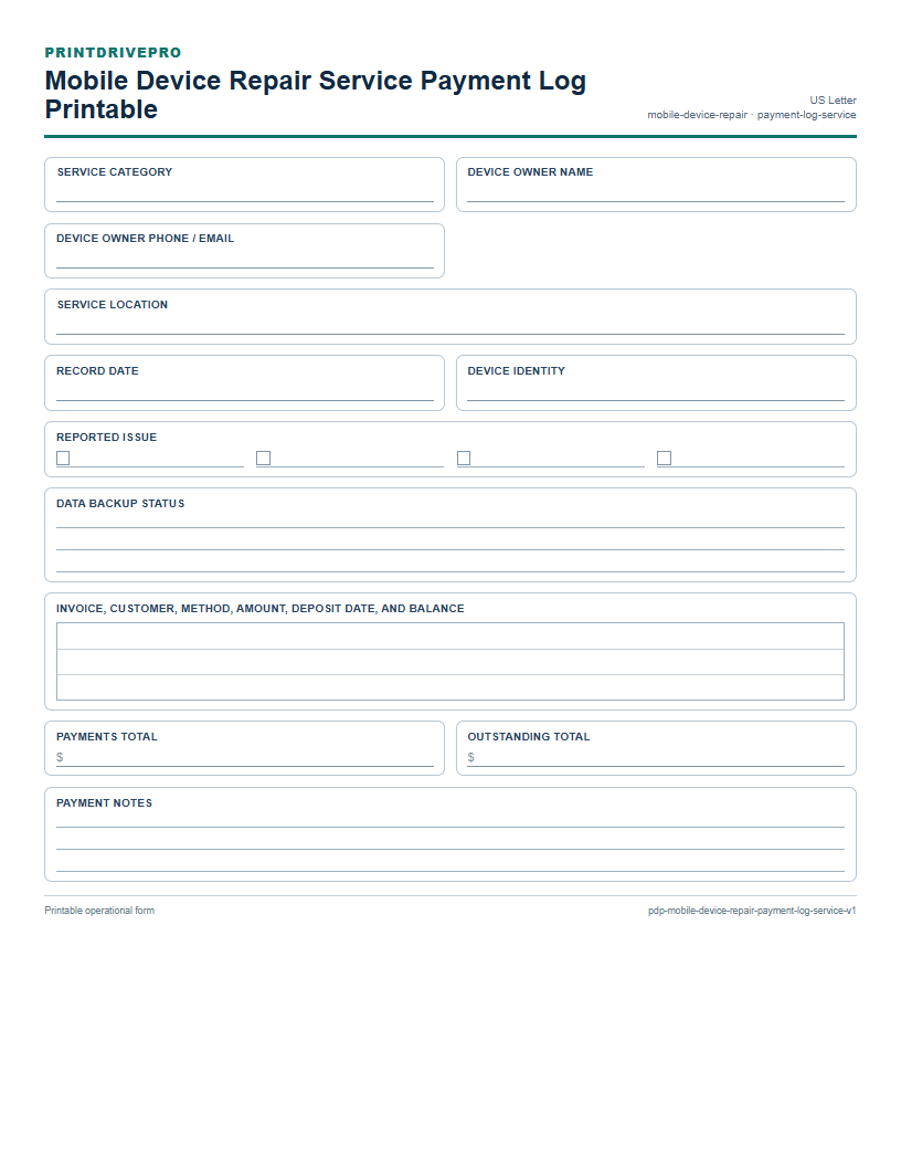Mobile Device Repair Service Payment Log Printable preview