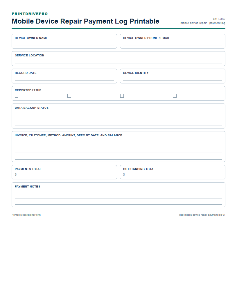 Mobile Device Repair Payment Log Printable preview