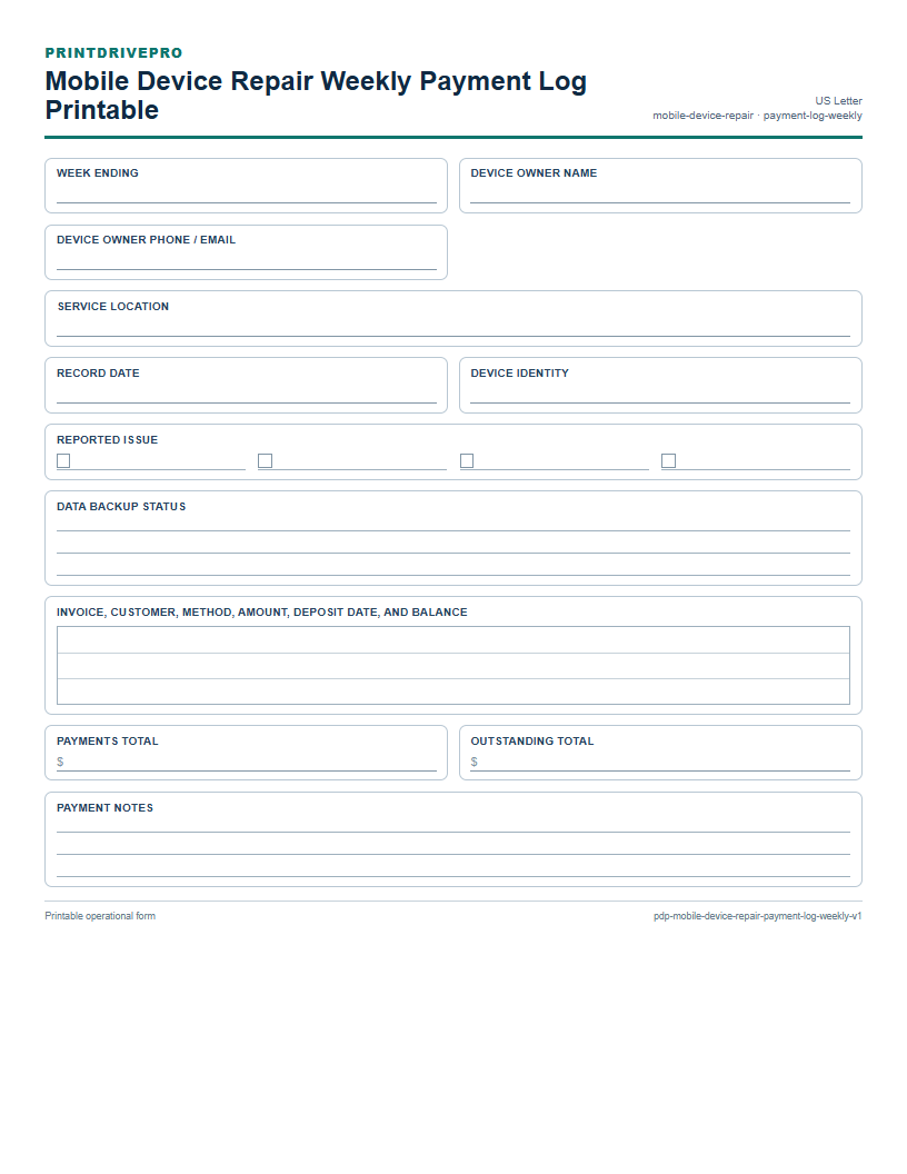 Mobile Device Repair Weekly Payment Log Printable preview