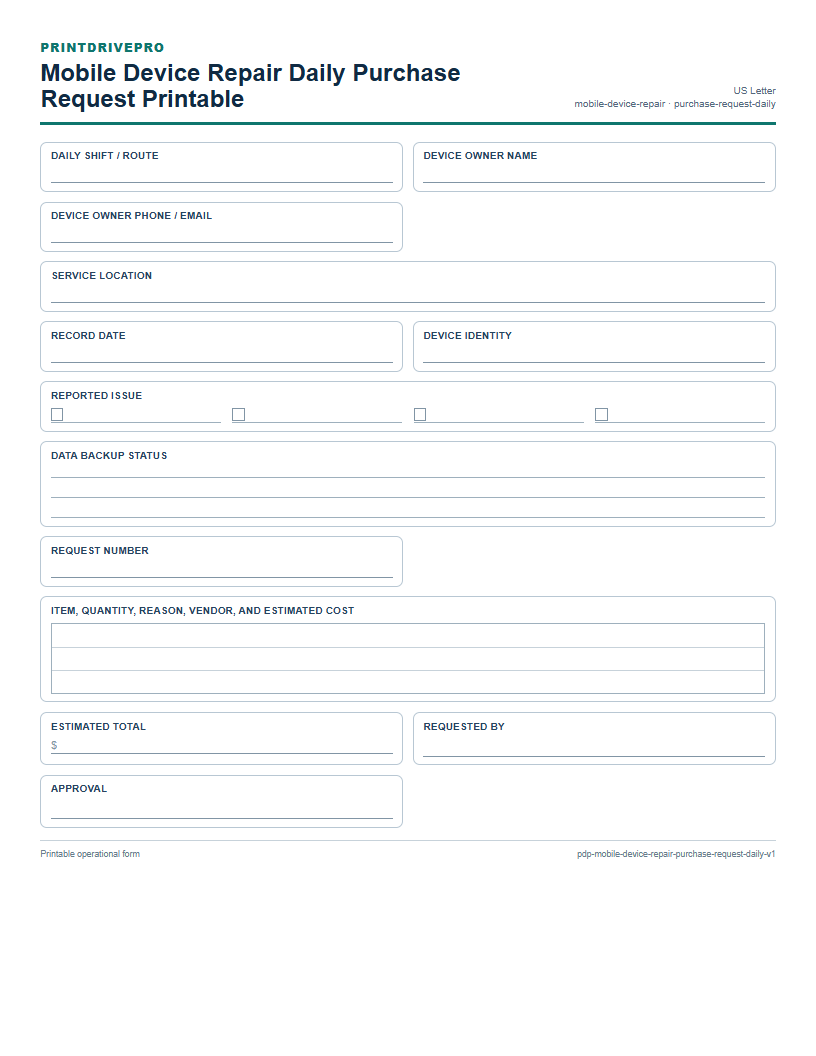 Mobile Device Repair Daily Purchase Request Printable preview
