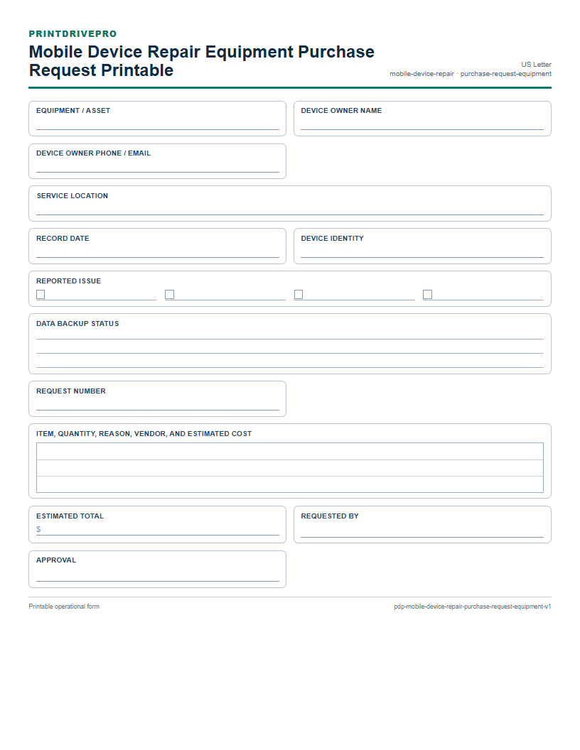 Mobile Device Repair Equipment Purchase Request Printable preview