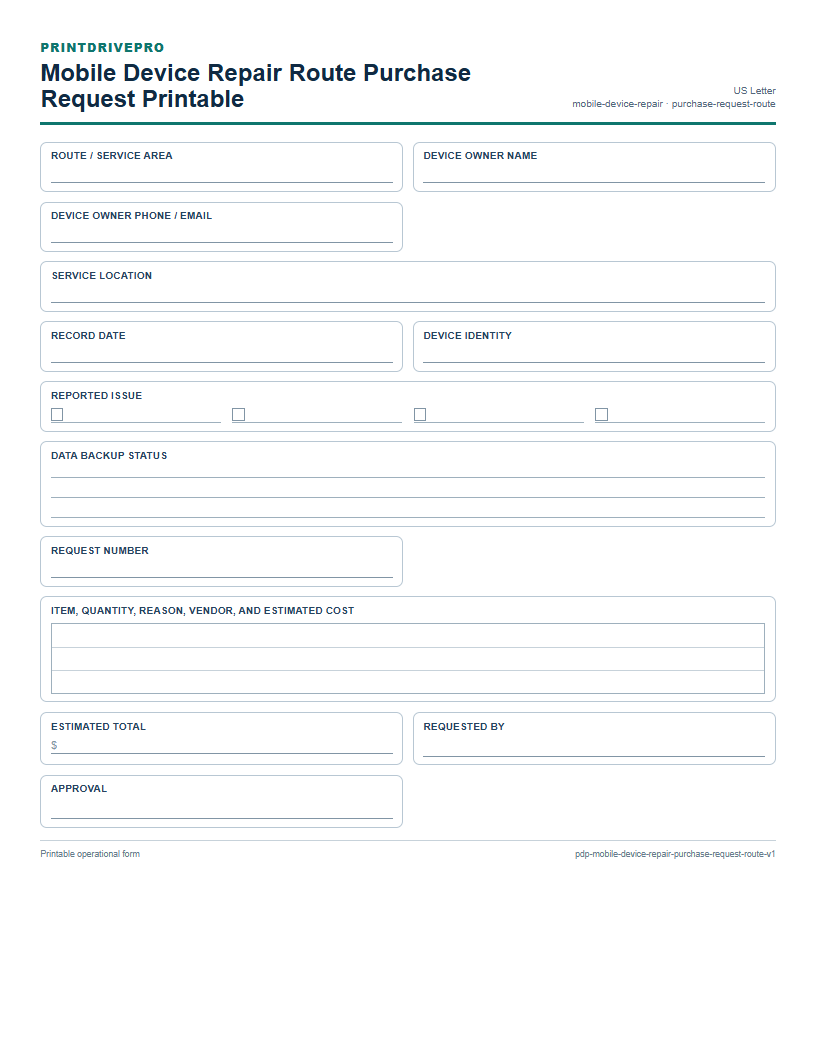 Mobile Device Repair Route Purchase Request Printable preview