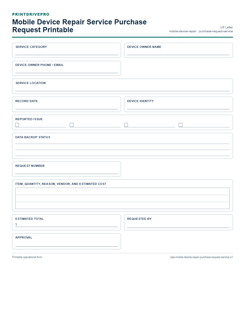 Mobile Device Repair Service Purchase Request Printable preview