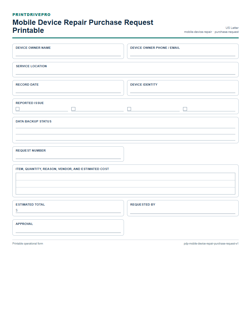 Mobile Device Repair Purchase Request Printable preview