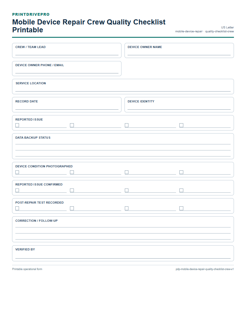 Mobile Device Repair Crew Quality Checklist Printable preview