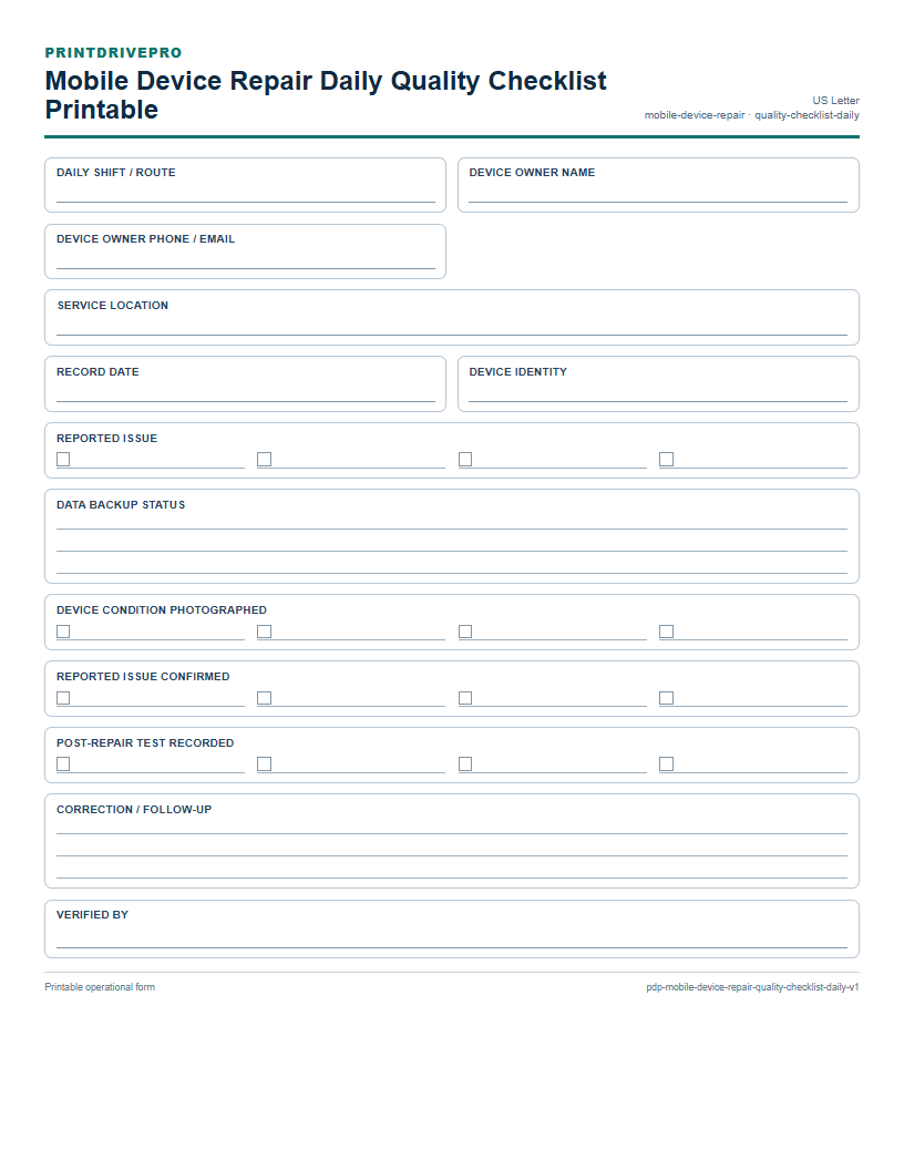 Mobile Device Repair Daily Quality Checklist Printable preview