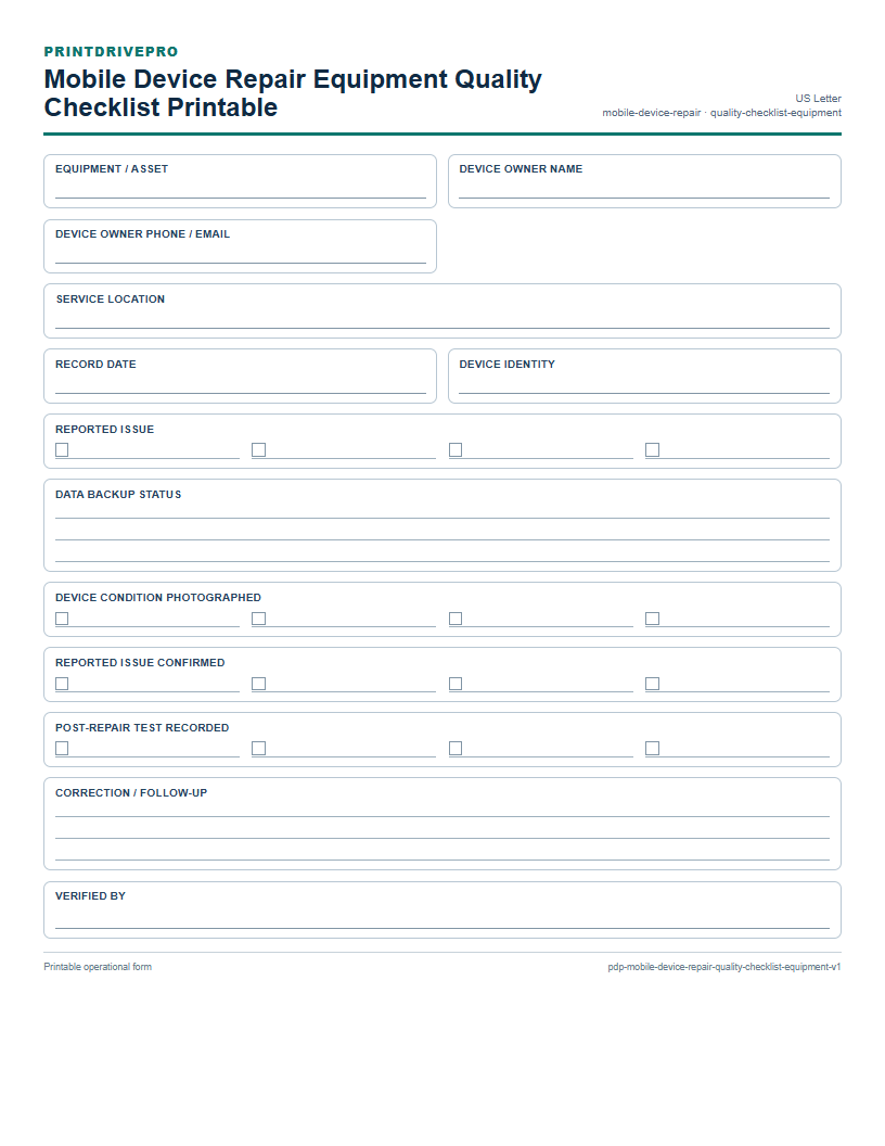 Mobile Device Repair Equipment Quality Checklist Printable preview