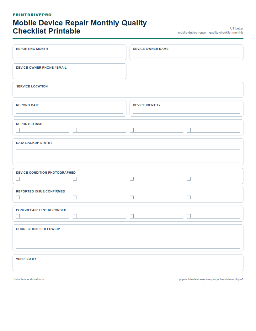 Mobile Device Repair Monthly Quality Checklist Printable preview