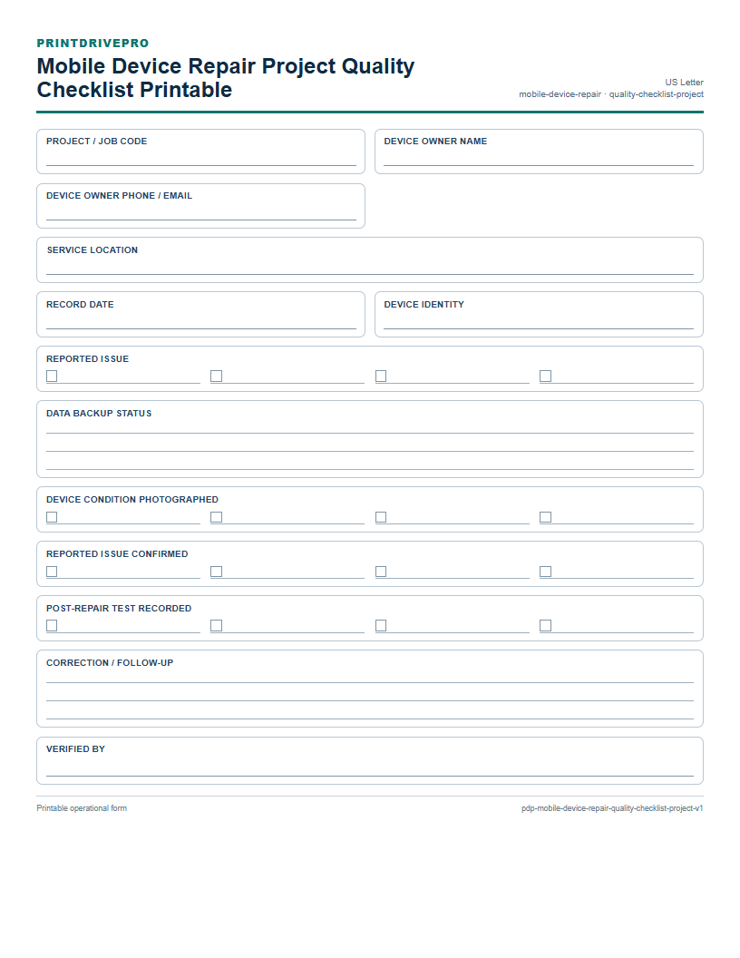 Mobile Device Repair Project Quality Checklist Printable preview