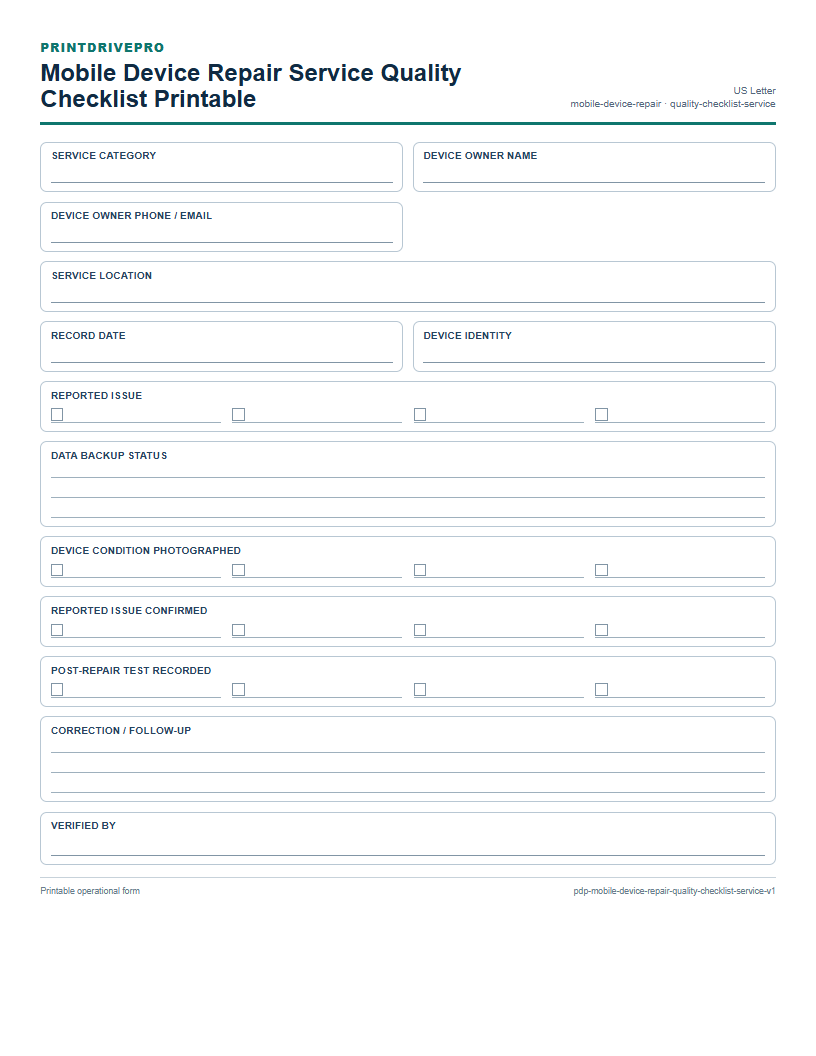 Mobile Device Repair Service Quality Checklist Printable preview