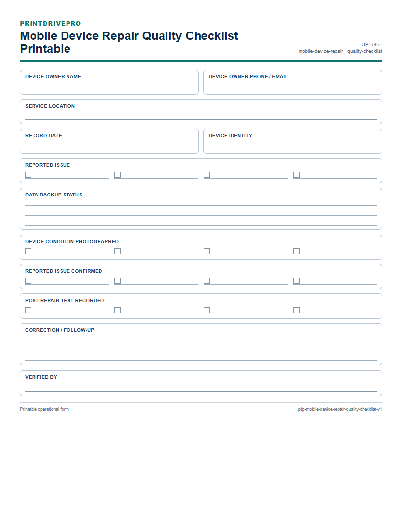 Mobile Device Repair Quality Checklist Printable preview
