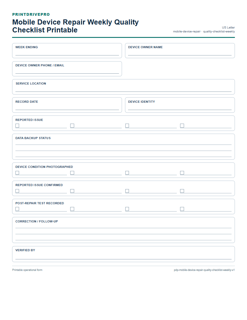 Mobile Device Repair Weekly Quality Checklist Printable preview