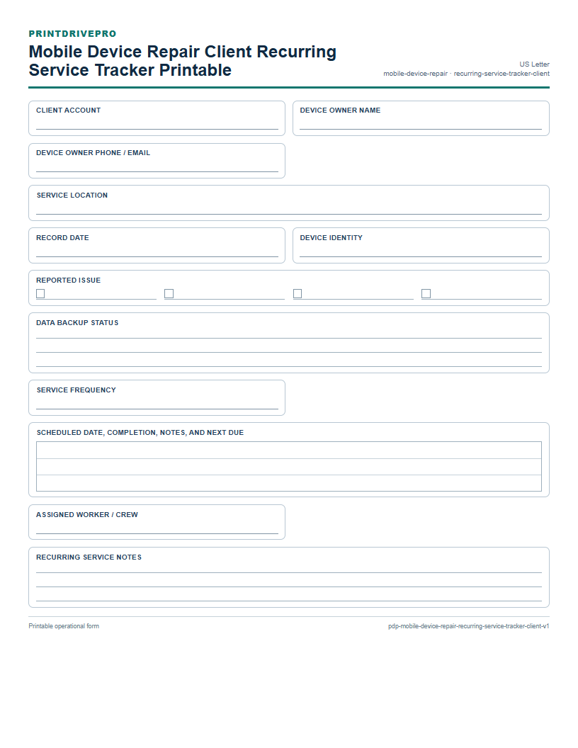 Mobile Device Repair Client Recurring Service Tracker Printable preview