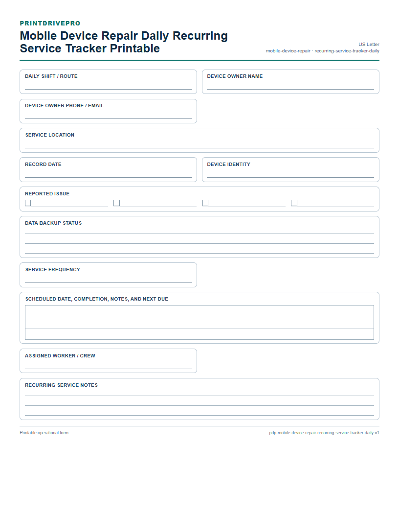 Mobile Device Repair Daily Recurring Service Tracker Printable preview