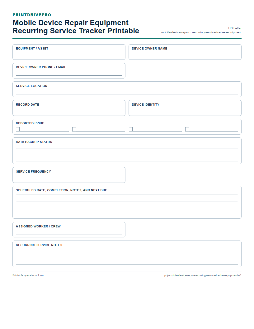 Mobile Device Repair Equipment Recurring Service Tracker Printable preview