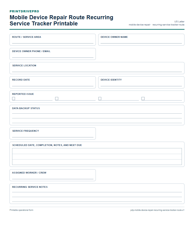 Mobile Device Repair Route Recurring Service Tracker Printable preview