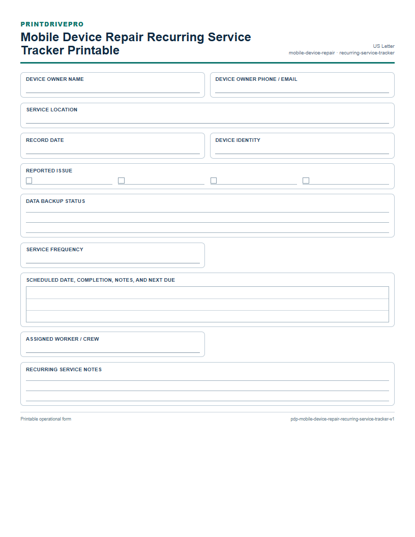 Mobile Device Repair Recurring Service Tracker Printable preview