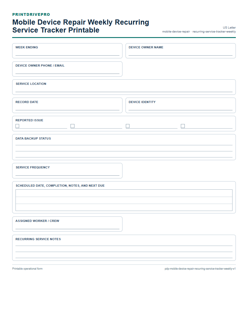 Mobile Device Repair Weekly Recurring Service Tracker Printable preview