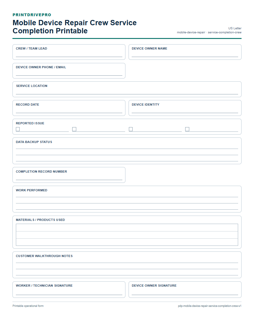 Mobile Device Repair Crew Service Completion Printable preview