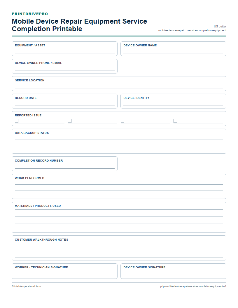Mobile Device Repair Equipment Service Completion Printable preview