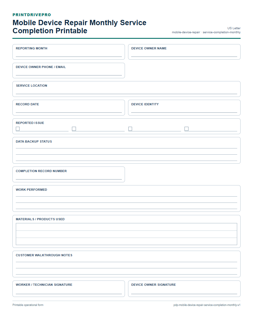 Mobile Device Repair Monthly Service Completion Printable preview