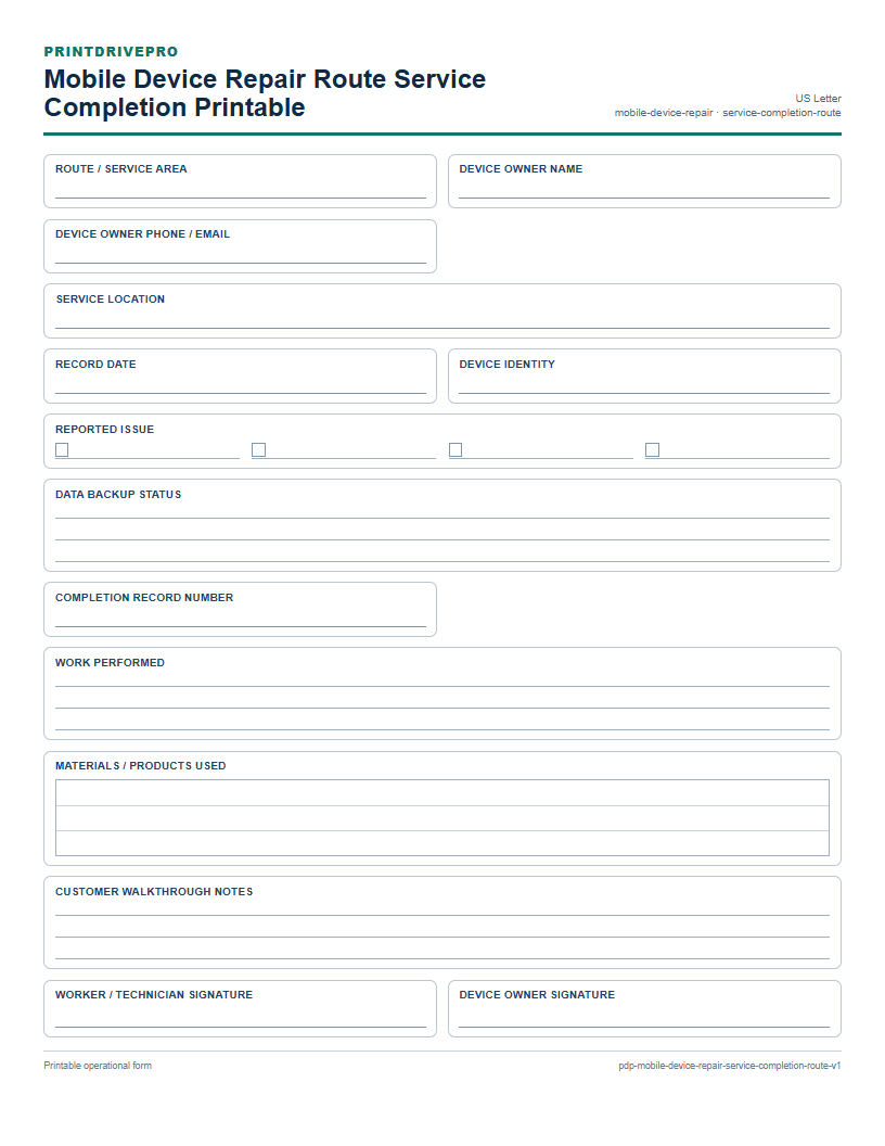 Mobile Device Repair Route Service Completion Printable preview