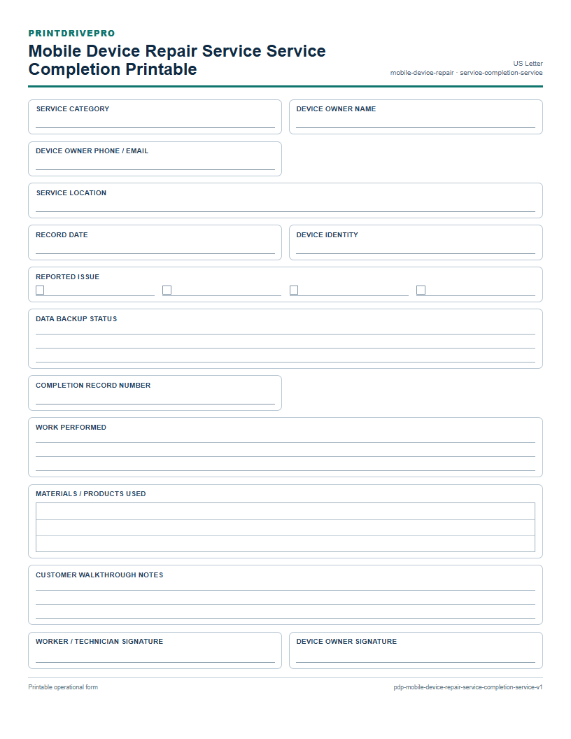 Mobile Device Repair Service Service Completion Printable preview