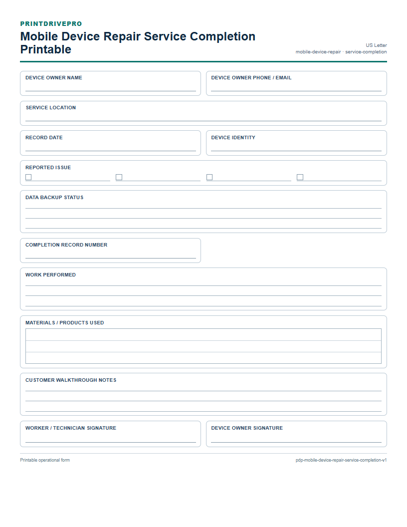 Mobile Device Repair Service Completion Printable preview