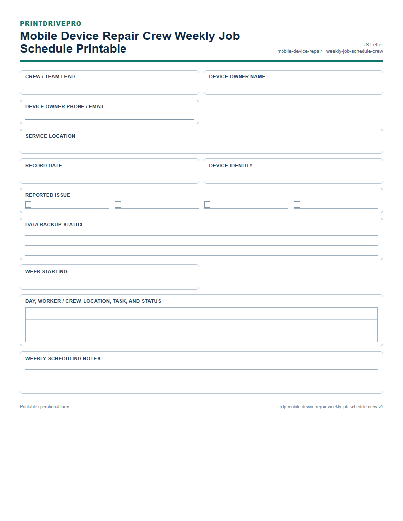 Mobile Device Repair Crew Weekly Job Schedule Printable preview