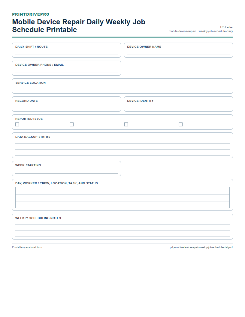 Mobile Device Repair Daily Weekly Job Schedule Printable preview