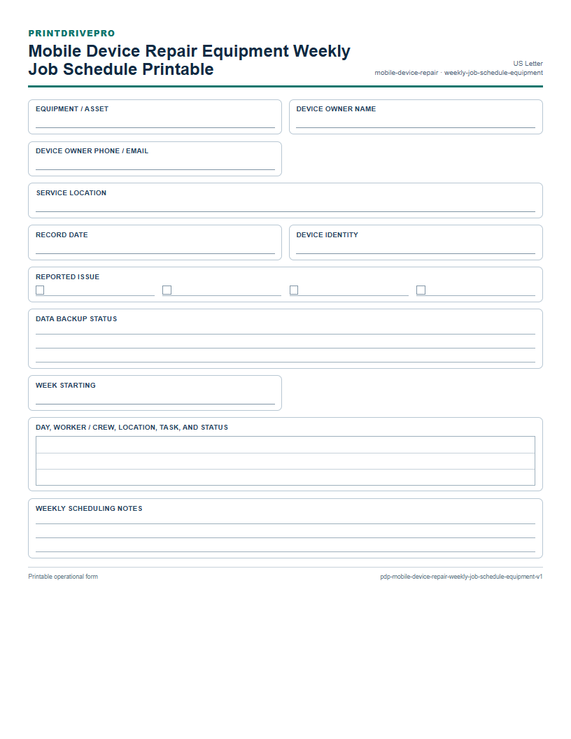 Mobile Device Repair Equipment Weekly Job Schedule Printable preview