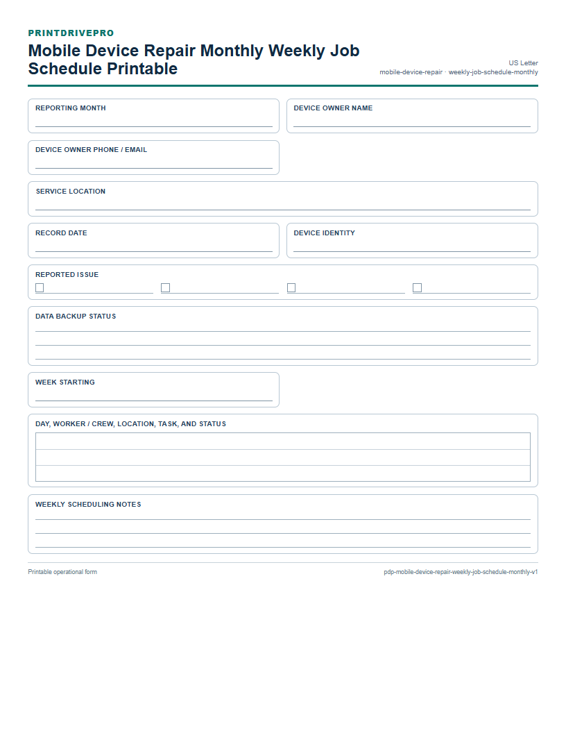 Mobile Device Repair Monthly Weekly Job Schedule Printable preview