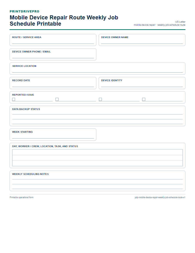 Mobile Device Repair Route Weekly Job Schedule Printable preview