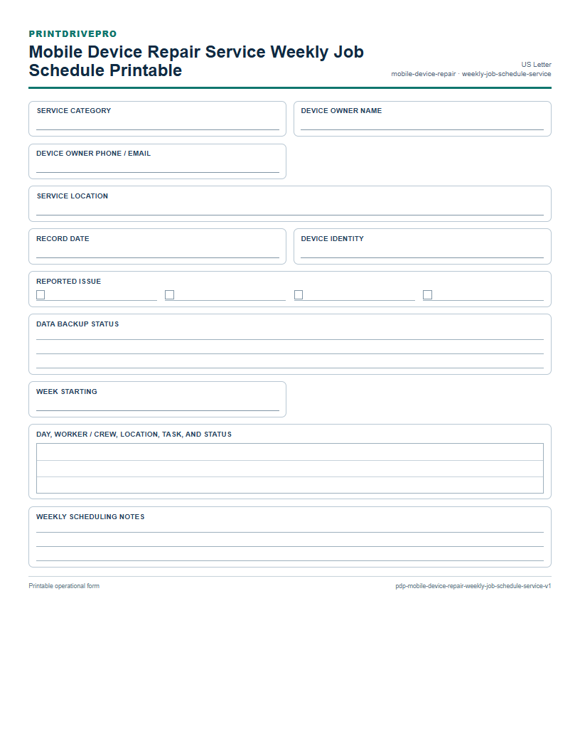 Mobile Device Repair Service Weekly Job Schedule Printable preview