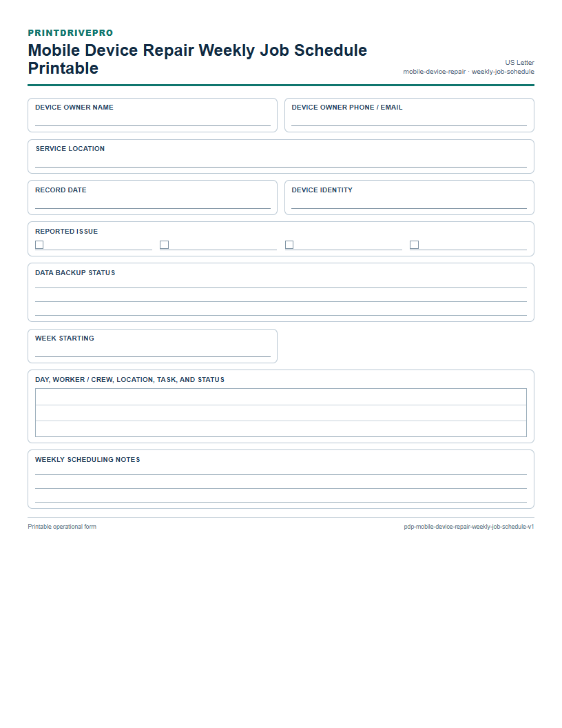 Mobile Device Repair Weekly Job Schedule Printable preview