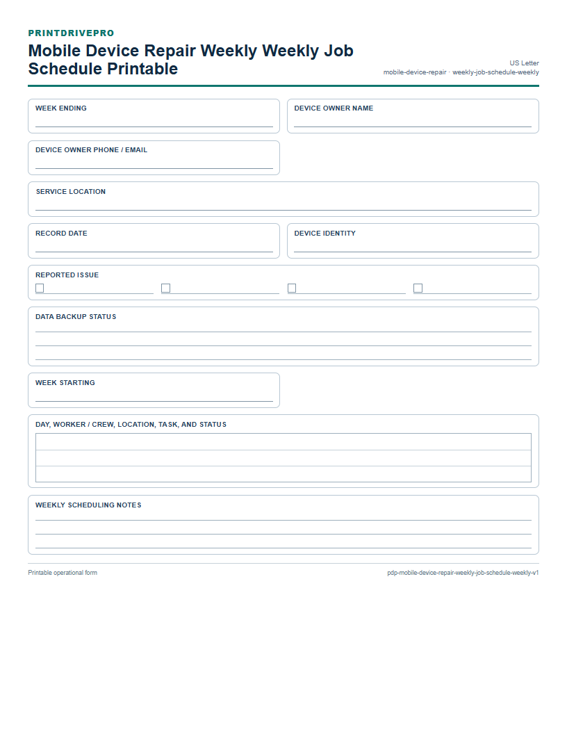 Mobile Device Repair Weekly Weekly Job Schedule Printable preview